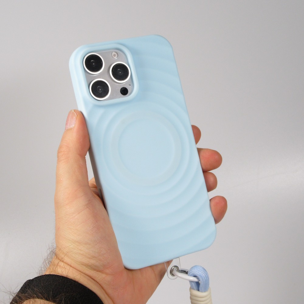 iPhone 16 Pro Case Hülle - Silikon Soft Touch MagSafe mit Wellen und Handschlauf - Blau