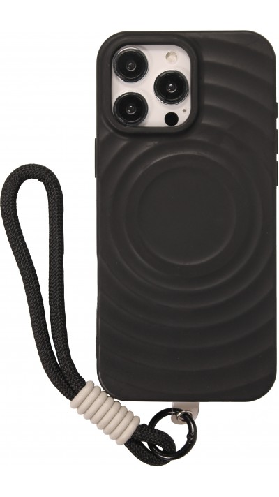 iPhone 16 Pro Case Hülle - Silikon Soft Touch MagSafe mit Wellen und Handschlauf - Schwarz