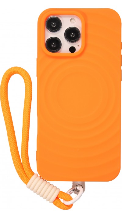 iPhone 16 Pro Case Hülle - Silikon Soft Touch MagSafe mit Wellen und Handschlauf - Orange