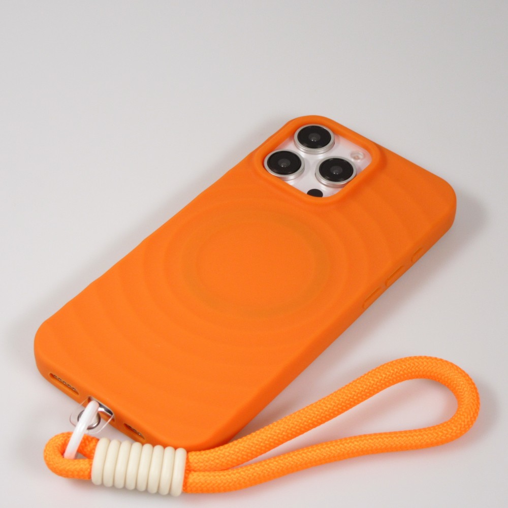 iPhone 16 Pro Case Hülle - Silikon Soft Touch MagSafe mit Wellen und Handschlauf - Orange