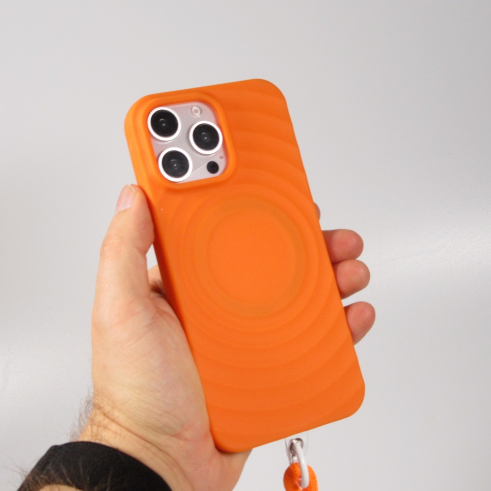 iPhone 16 Pro Case Hülle - Silikon Soft Touch MagSafe mit Wellen und Handschlauf - Orange