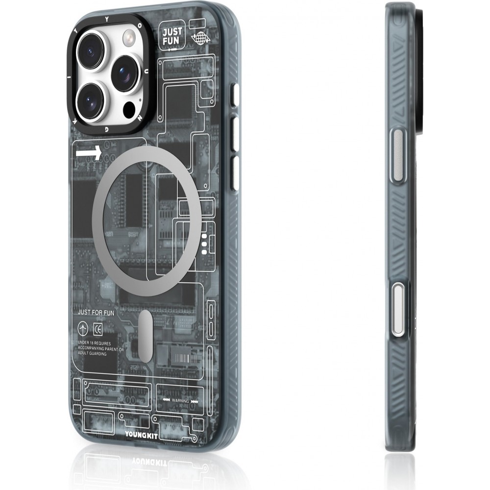 iPhone 16 Pro Case H&uuml;lle - Youngkit Silikon MagSafe-kompatibles Design Schaltkreis Stil Elektronikchip - Grau
