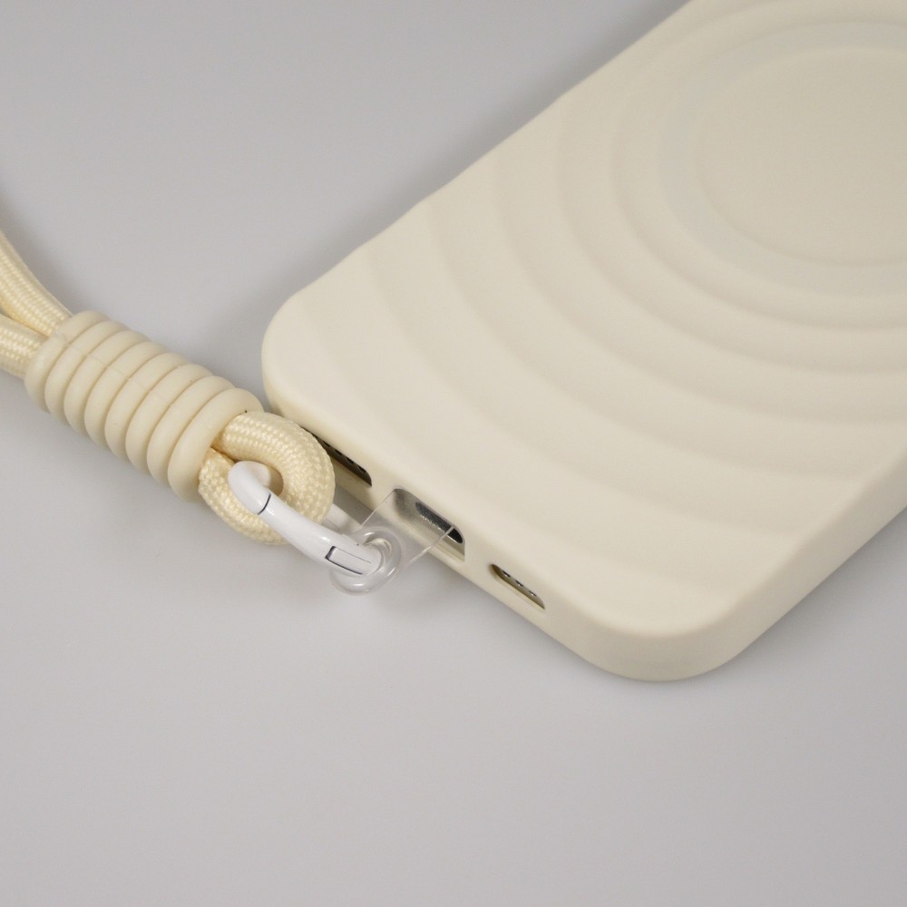 iPhone 16 Case H&uuml;lle - Silikon Soft Touch MagSafe mit Wellen und Handschlauf - Weiss