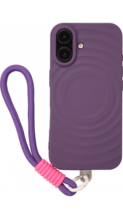 iPhone 16 Case Hülle - Silikon Soft Touch MagSafe mit Wellen und Handschlauf - Violett