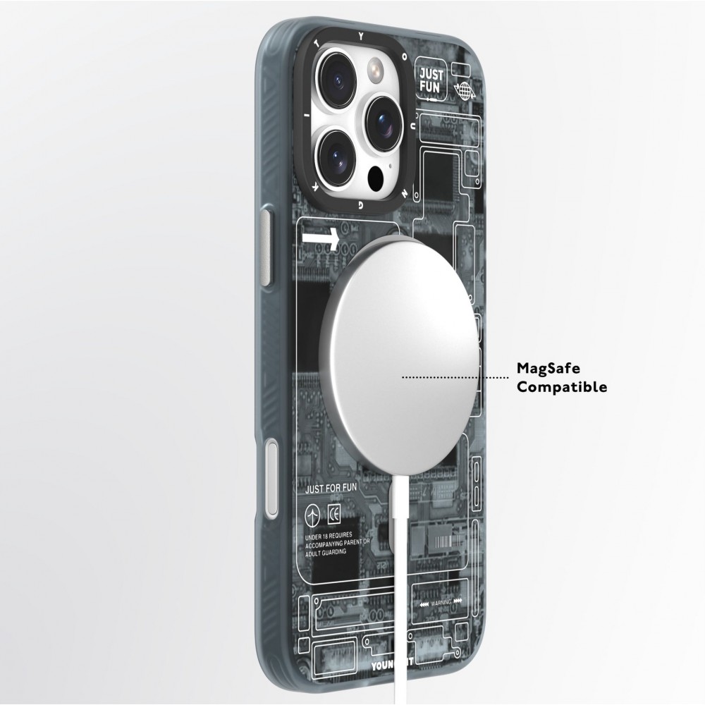 iPhone 16 Case Hülle - Youngkit Silikon MagSafe-kompatibles Design Schaltkreis Stil Elektronikchip - Grau
