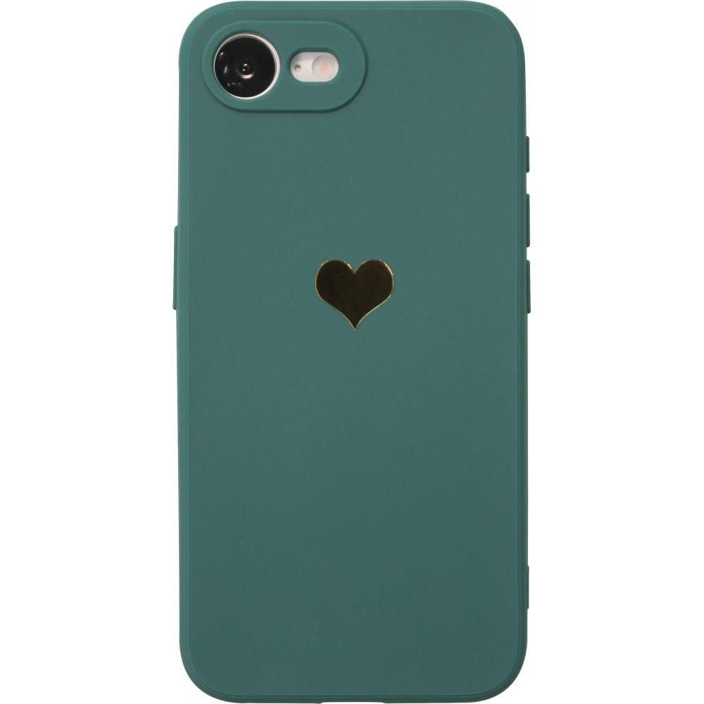iPhone 16e Case Hülle - Silikon Mat Herz gold - Dunkelgrün
