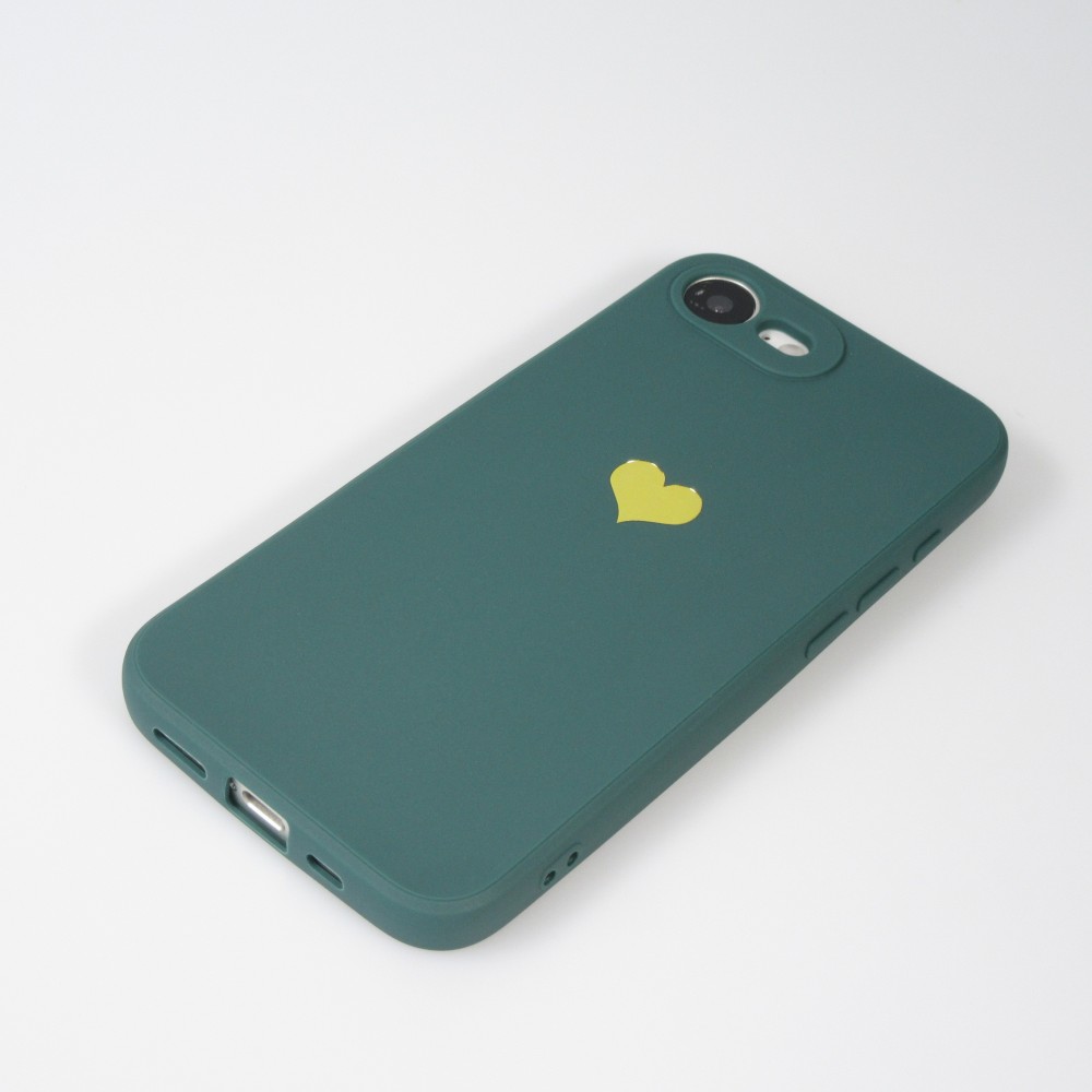 iPhone 16e Case Hülle - Silikon Mat Herz gold - Dunkelgrün