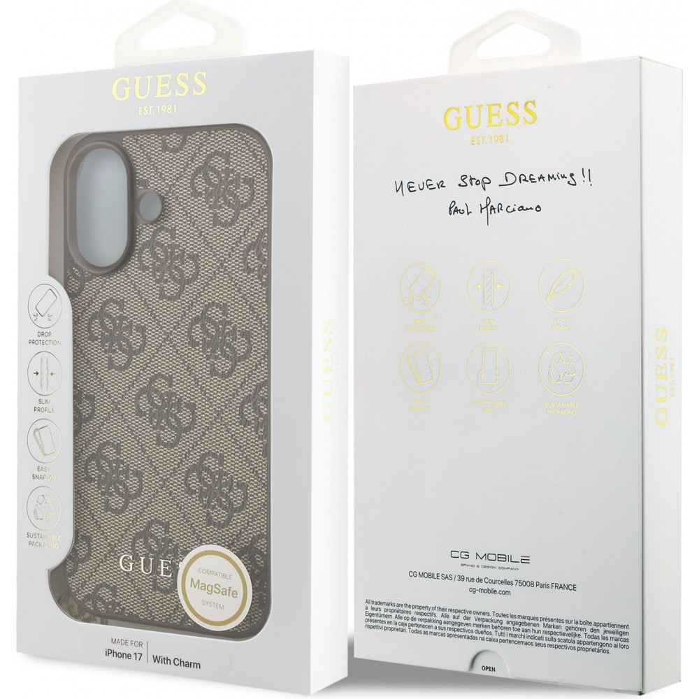 iPhone 17 Case Hülle - Guess 4G Charm Elegante Schutzhülle Raffiniertes Design Trendaccessoire - Braun