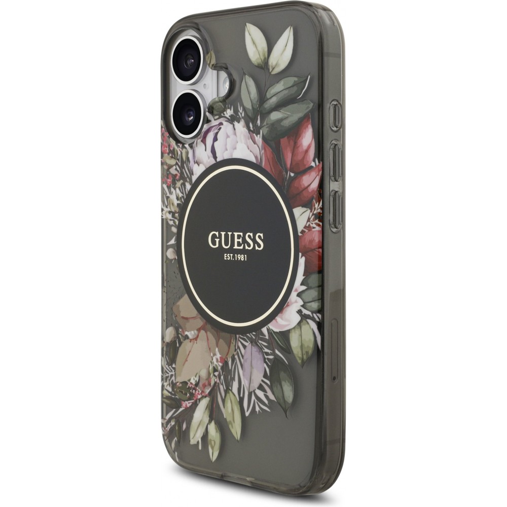 Coque iPhone 17 - Guess IML fleurs avec chaîne poignet compatible MagSafe protection élégante et tendance - Noir