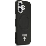 iPhone 17 Case Hülle - Guess MagSafe PU-Leder mit Triangel-Logo und silbernem Kamerarahmen - Schwarz