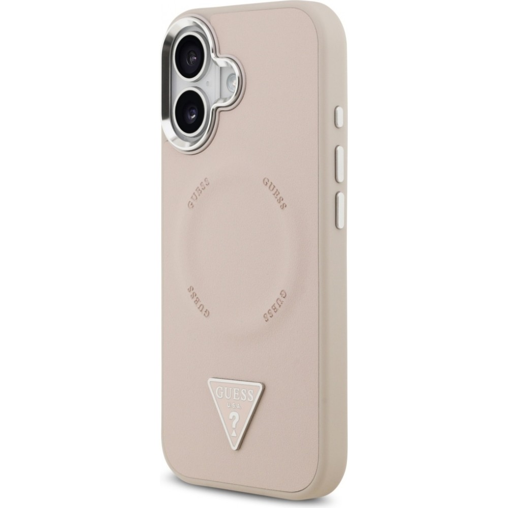 iPhone 17 Case Hülle - Guess MagSafe PU-Leder mit Triangel-Logo und silbernem Kamerarahmen - Rosa