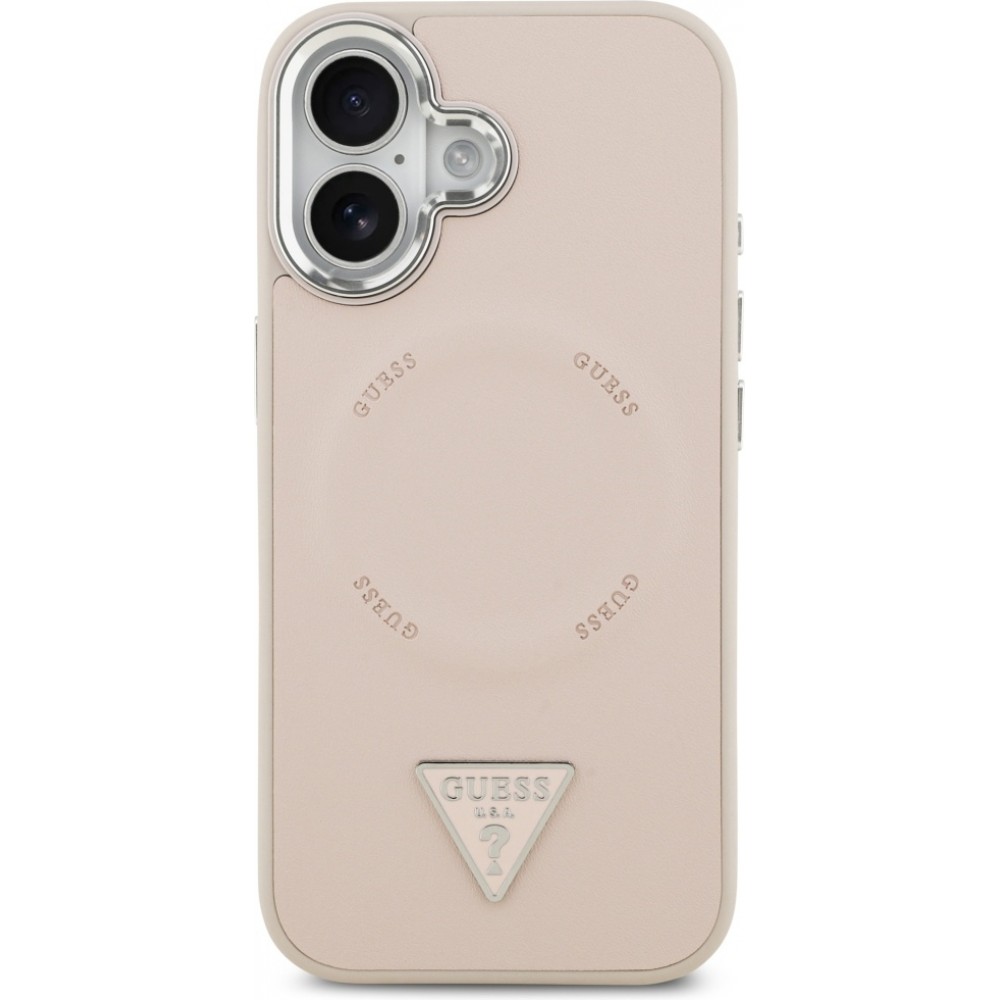 iPhone 17 Case Hülle - Guess MagSafe PU-Leder mit Triangel-Logo und silbernem Kamerarahmen - Rosa