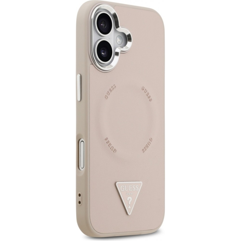 iPhone 17 Case Hülle - Guess MagSafe PU-Leder mit Triangel-Logo und silbernem Kamerarahmen - Rosa