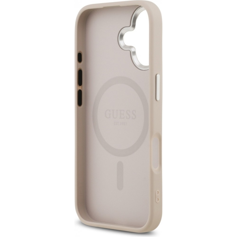 iPhone 17 Case Hülle - Guess MagSafe PU-Leder mit Triangel-Logo und silbernem Kamerarahmen - Rosa