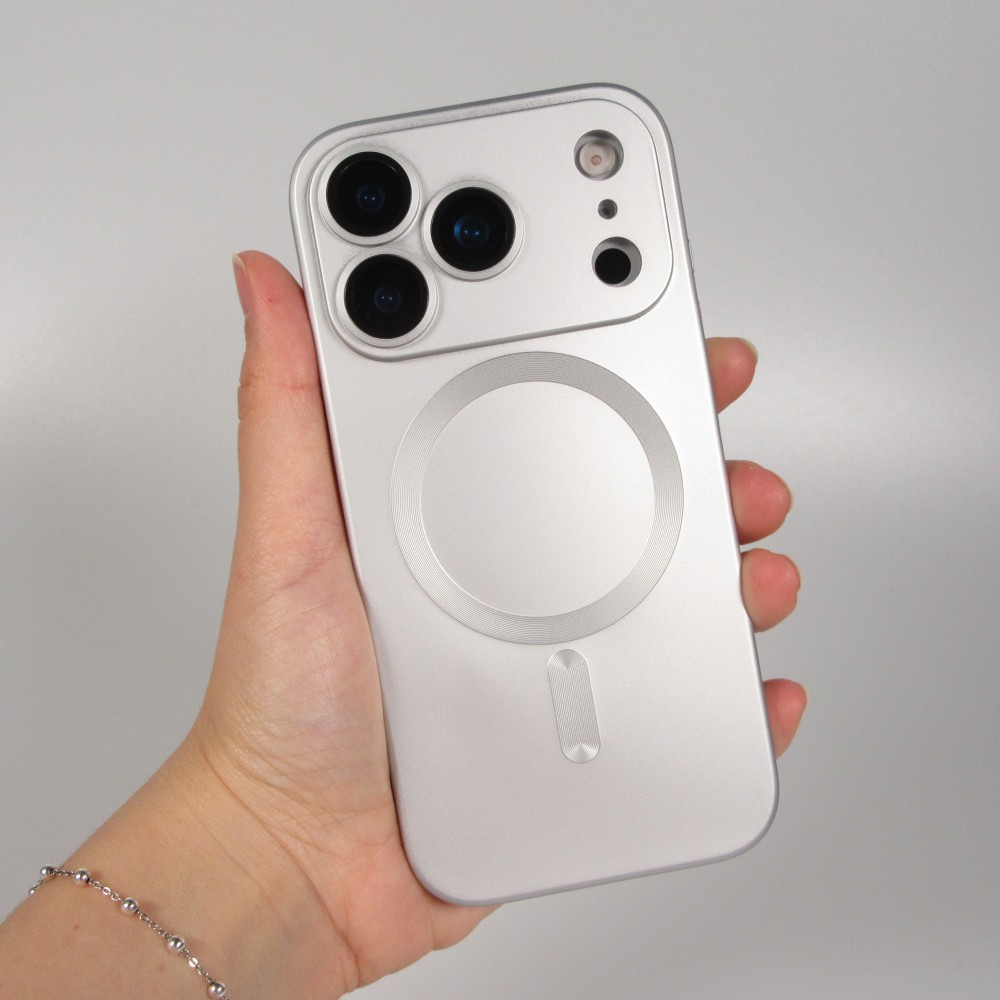 iPhone 17 Pro Max Case Hülle - Gummi weich mit Kameraschutzglas MagSafe - Silber