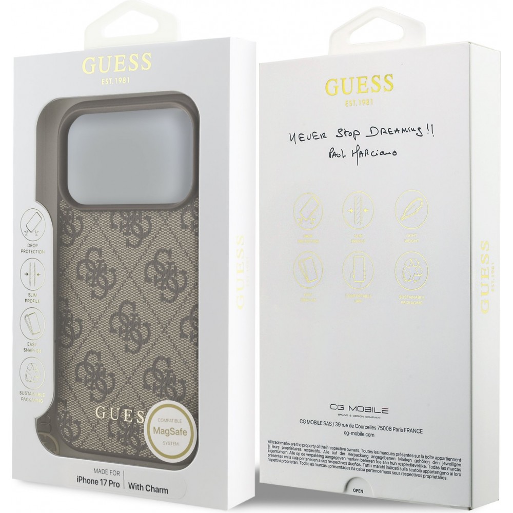 iPhone 17 Pro Case Hülle - Guess 4G Charm Elegante Schutz Raffiniertes Design Trendaccessoire - Braun