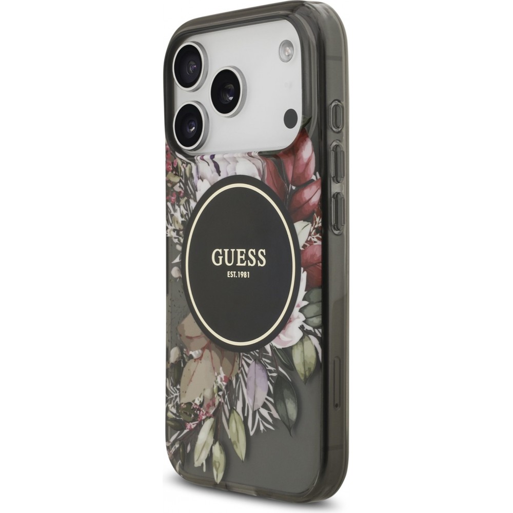 iPhone 17 Pro Case Hülle - Guess IML Blumen mit Handgelenk-Kette, kompatibel mit MagSafe, elegante und trendige Schutzhülle - Schwarz