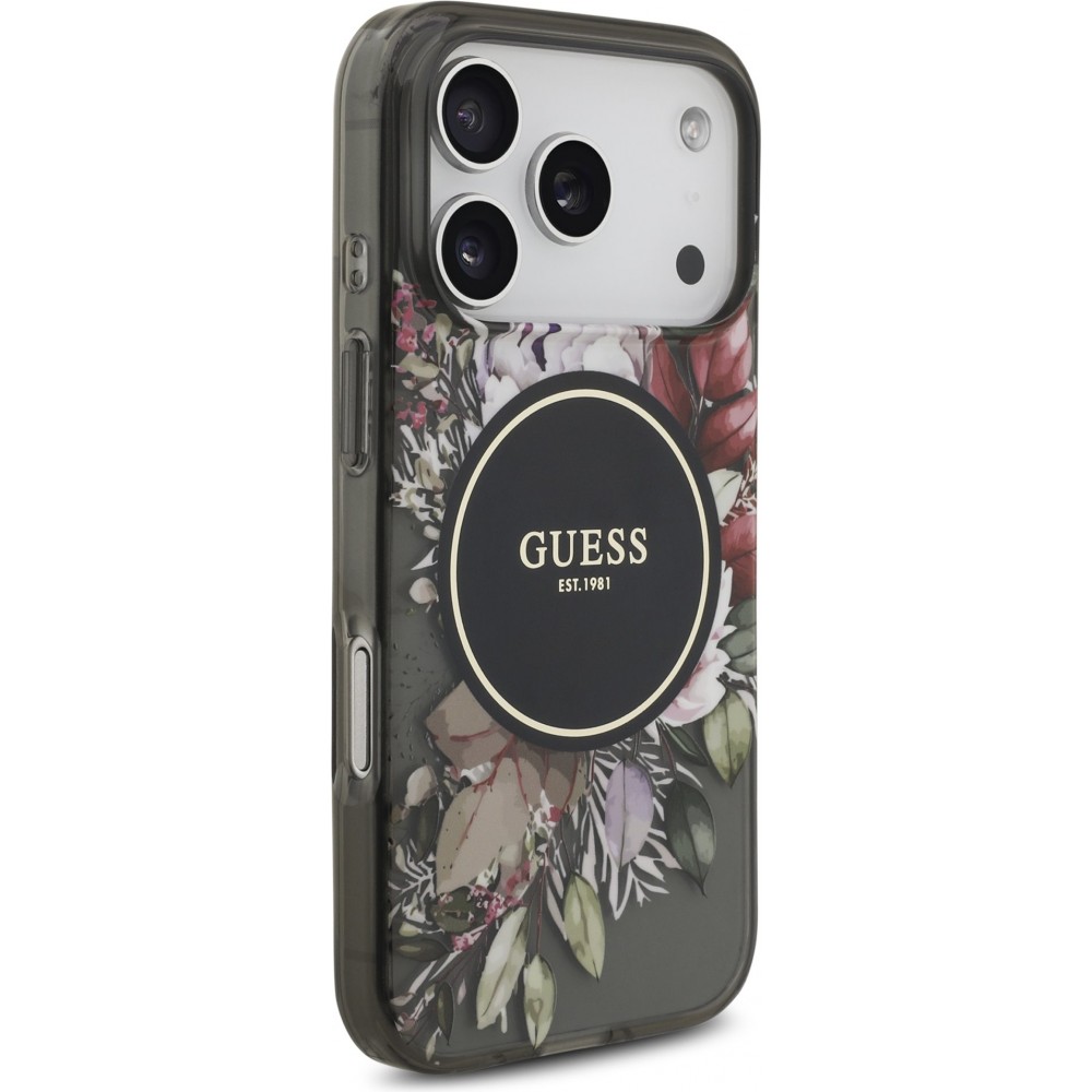 iPhone 17 Pro Case Hülle - Guess IML Blumen mit Handgelenk-Kette, kompatibel mit MagSafe, elegante und trendige Schutzhülle - Schwarz