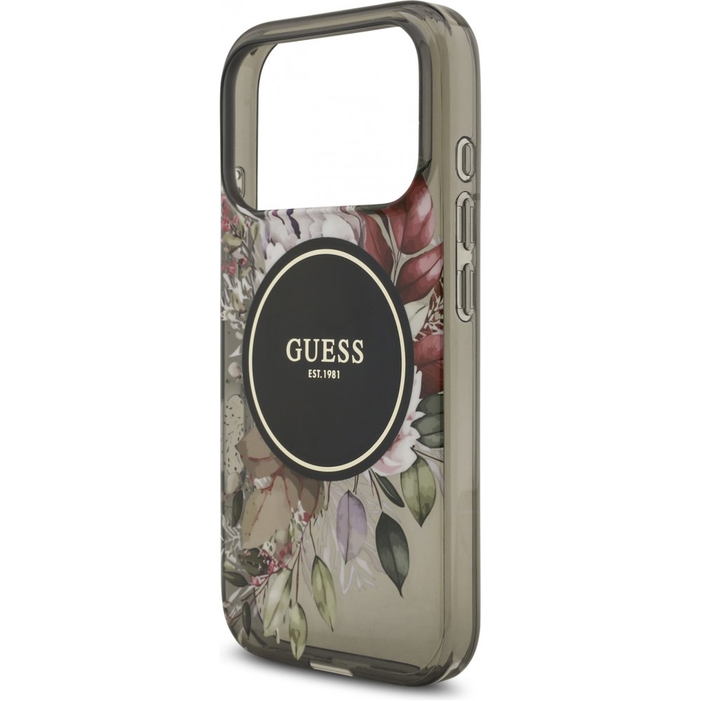 iPhone 17 Pro Case Hülle - Guess IML Blumen mit Handgelenk-Kette, kompatibel mit MagSafe, elegante und trendige Schutzhülle - Schwarz