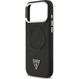 iPhone 17 Pro Case Hülle - Guess MagSafe PU-Leder mit Triangel-Logo und silbernem Kamerarahmen - Schwarz