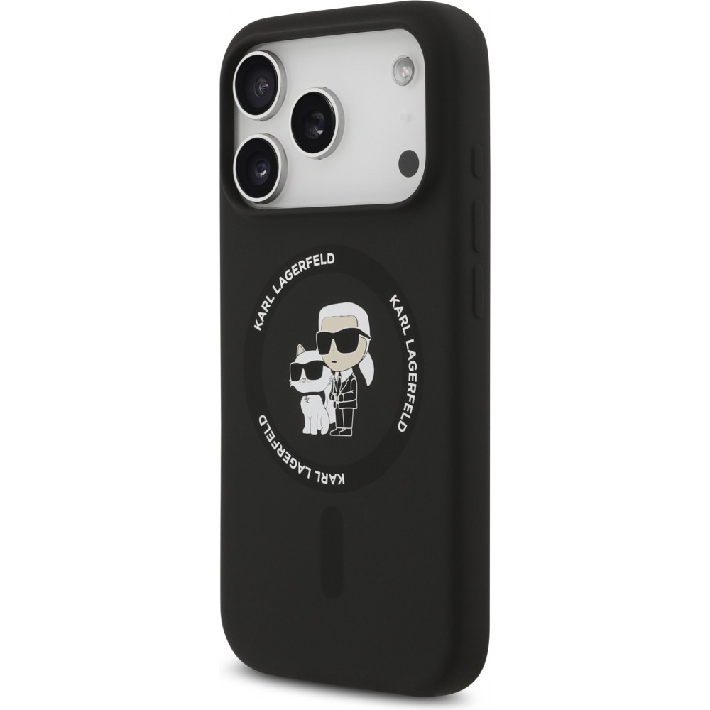 iPhone 17 Pro Case Hülle - Karl Lagerfeld Silikonhülle mit Karl und Choupette Design, MagSafe-kompatibel - Schwarz