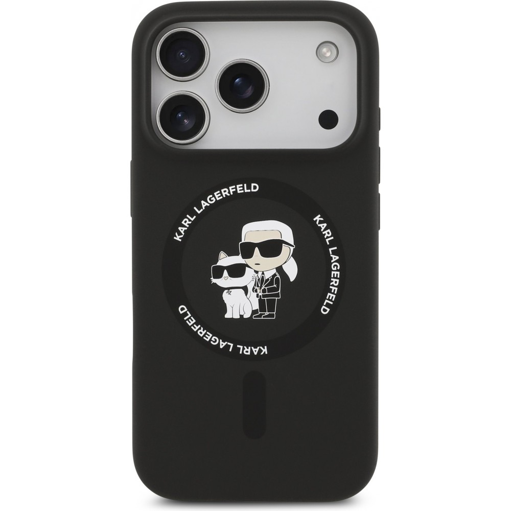 iPhone 17 Pro Case Hülle - Karl Lagerfeld Silikonhülle mit Karl und Choupette Design, MagSafe-kompatibel - Schwarz