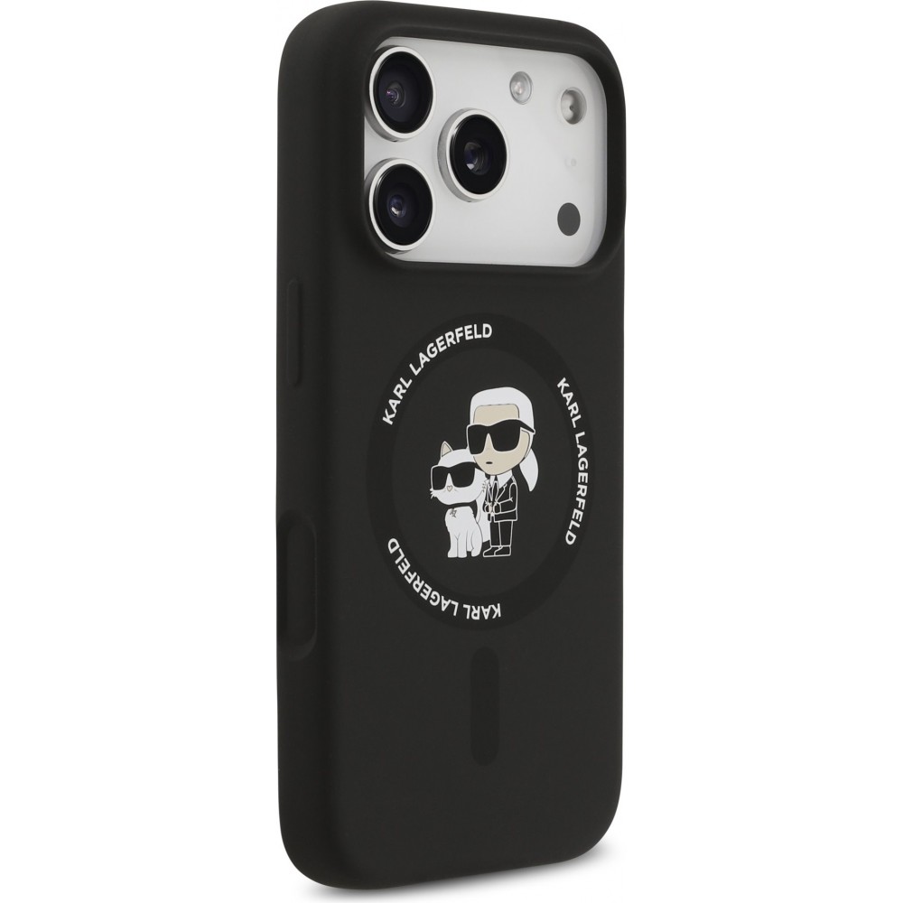 iPhone 17 Pro Case Hülle - Karl Lagerfeld Silikonhülle mit Karl und Choupette Design, MagSafe-kompatibel - Schwarz