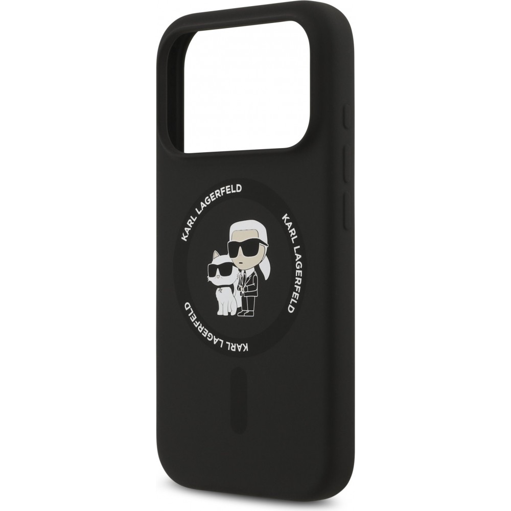 iPhone 17 Pro Case Hülle - Karl Lagerfeld Silikonhülle mit Karl und Choupette Design, MagSafe-kompatibel - Schwarz