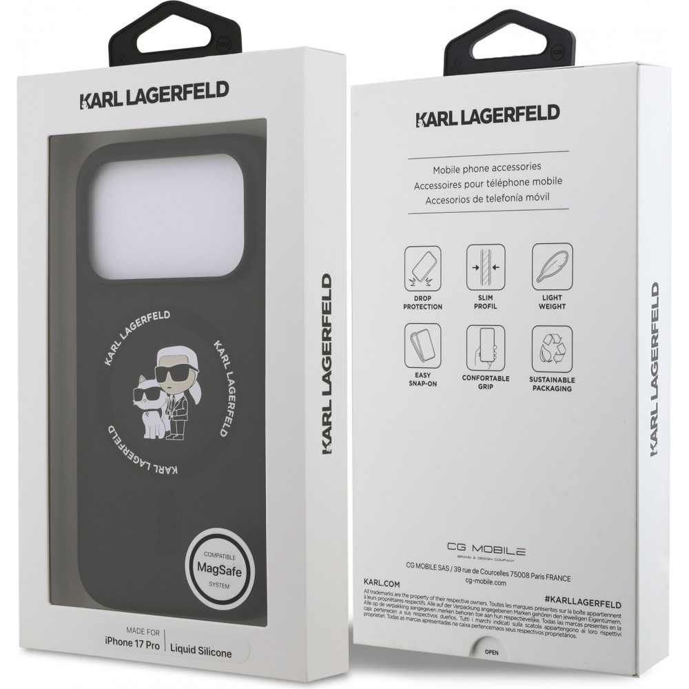 iPhone 17 Pro Case Hülle - Karl Lagerfeld Silikonhülle mit Karl und Choupette Design, MagSafe-kompatibel - Schwarz