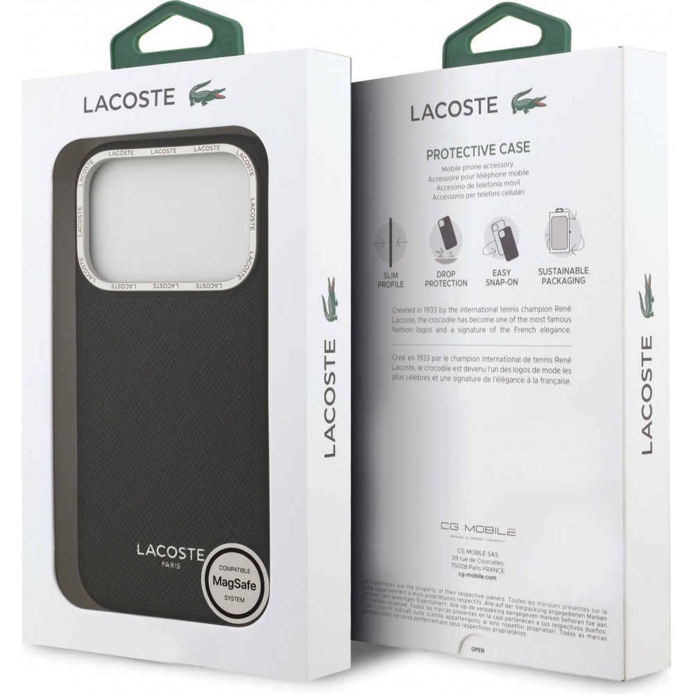 iPhone 17 Pro Case H&uuml;lle - Lacoste PU Leder Champs Elysees MagSafe elegante und langlebige Schutzh&uuml;lle - Schwarz
