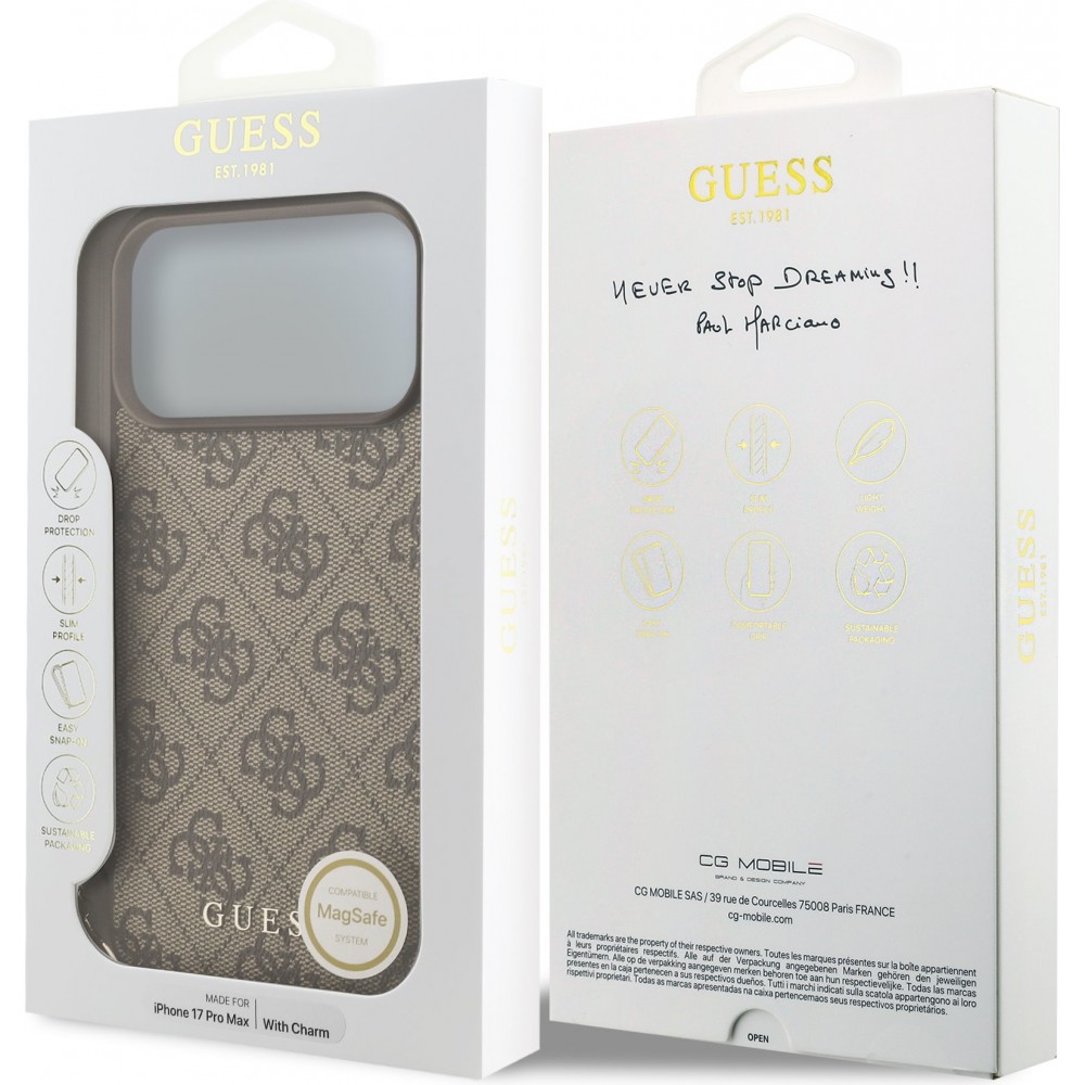 iPhone 17 Pro Max Case Hülle - Guess 4G Charm Elegante Schutz Raffiniertes Design Trendaccessoire - Braun