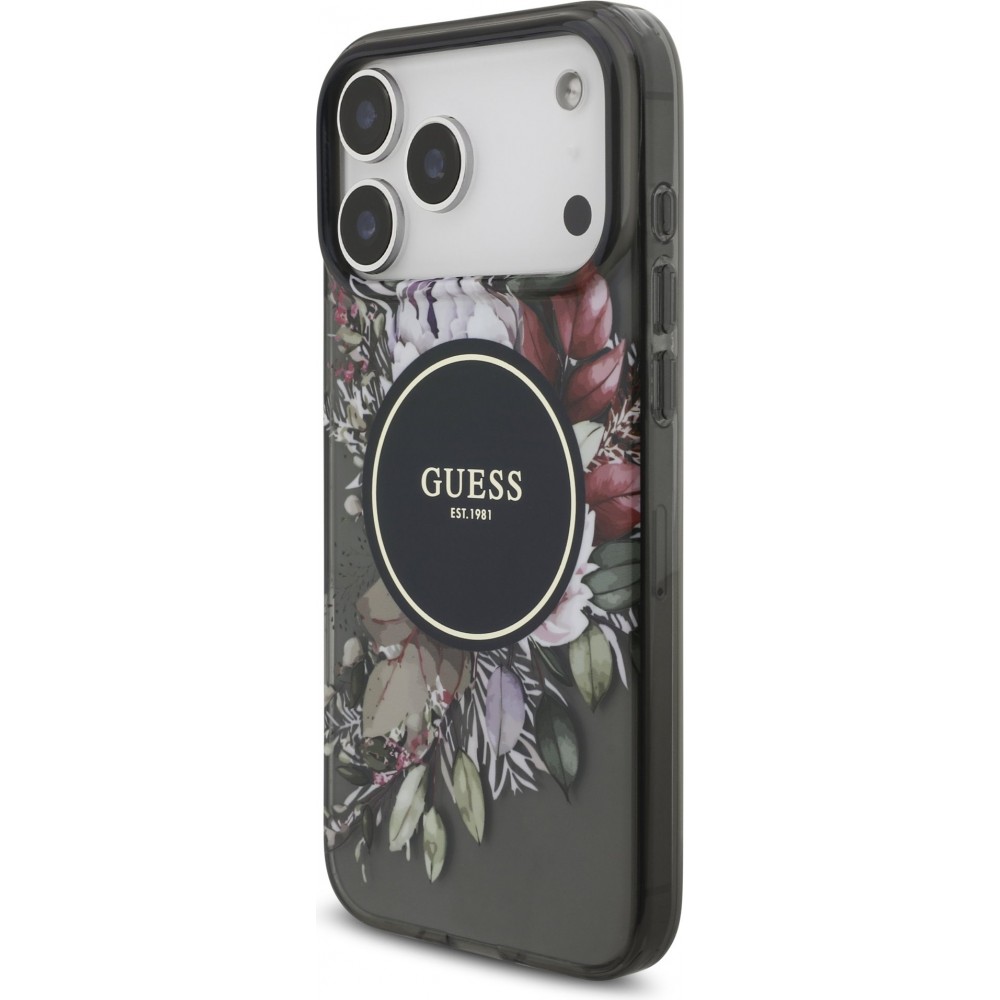 Coque iPhone 17 Pro Max - Guess IML fleurs avec chaîne poignet compatible MagSafe protection élégante et tendance - Noir