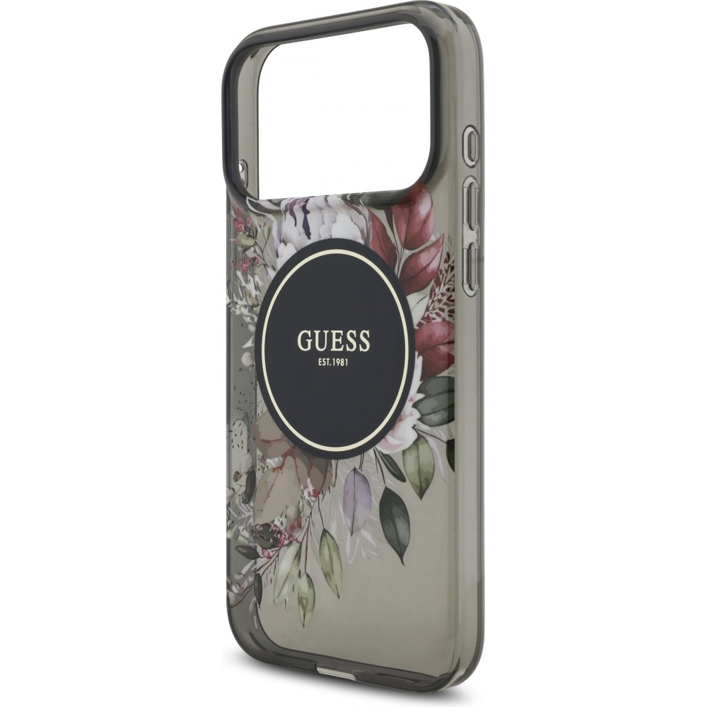 Coque iPhone 17 Pro Max - Guess IML fleurs avec chaîne poignet compatible MagSafe protection élégante et tendance - Noir