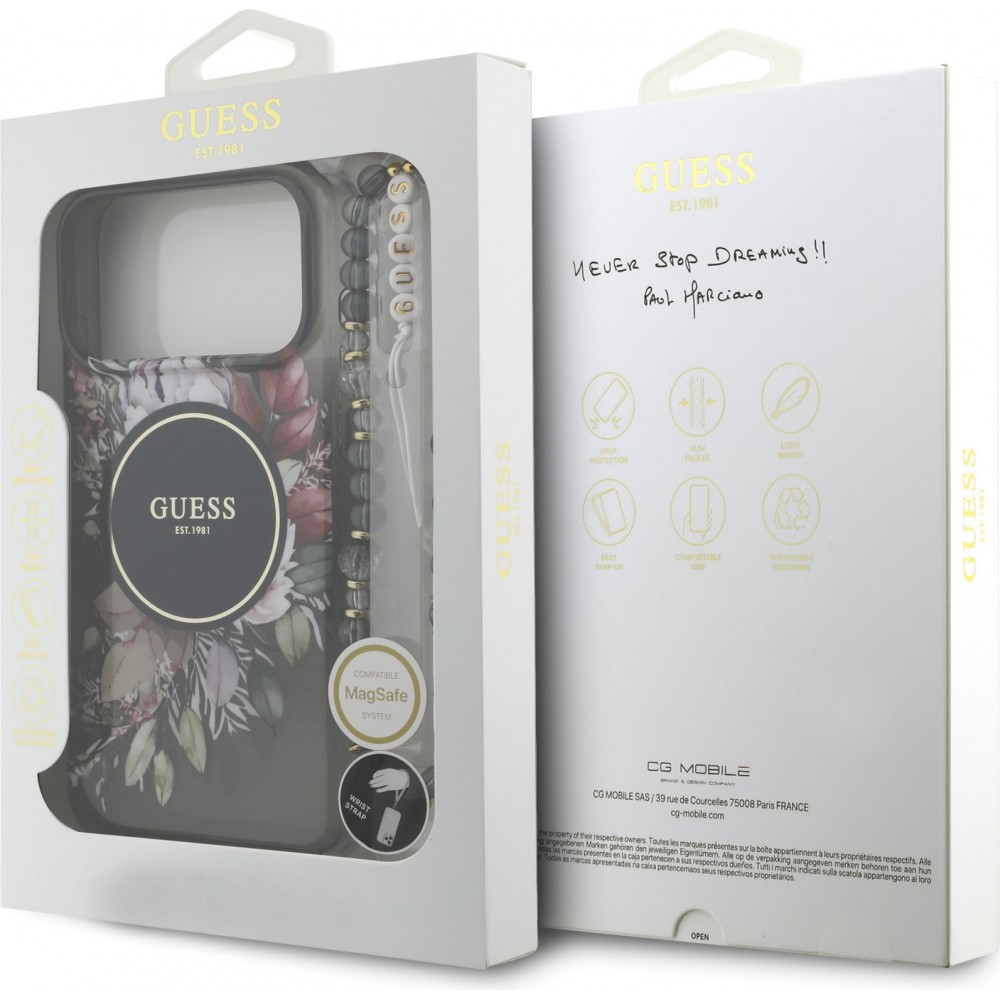 Coque iPhone 17 Pro Max - Guess IML fleurs avec chaîne poignet compatible MagSafe protection élégante et tendance - Noir