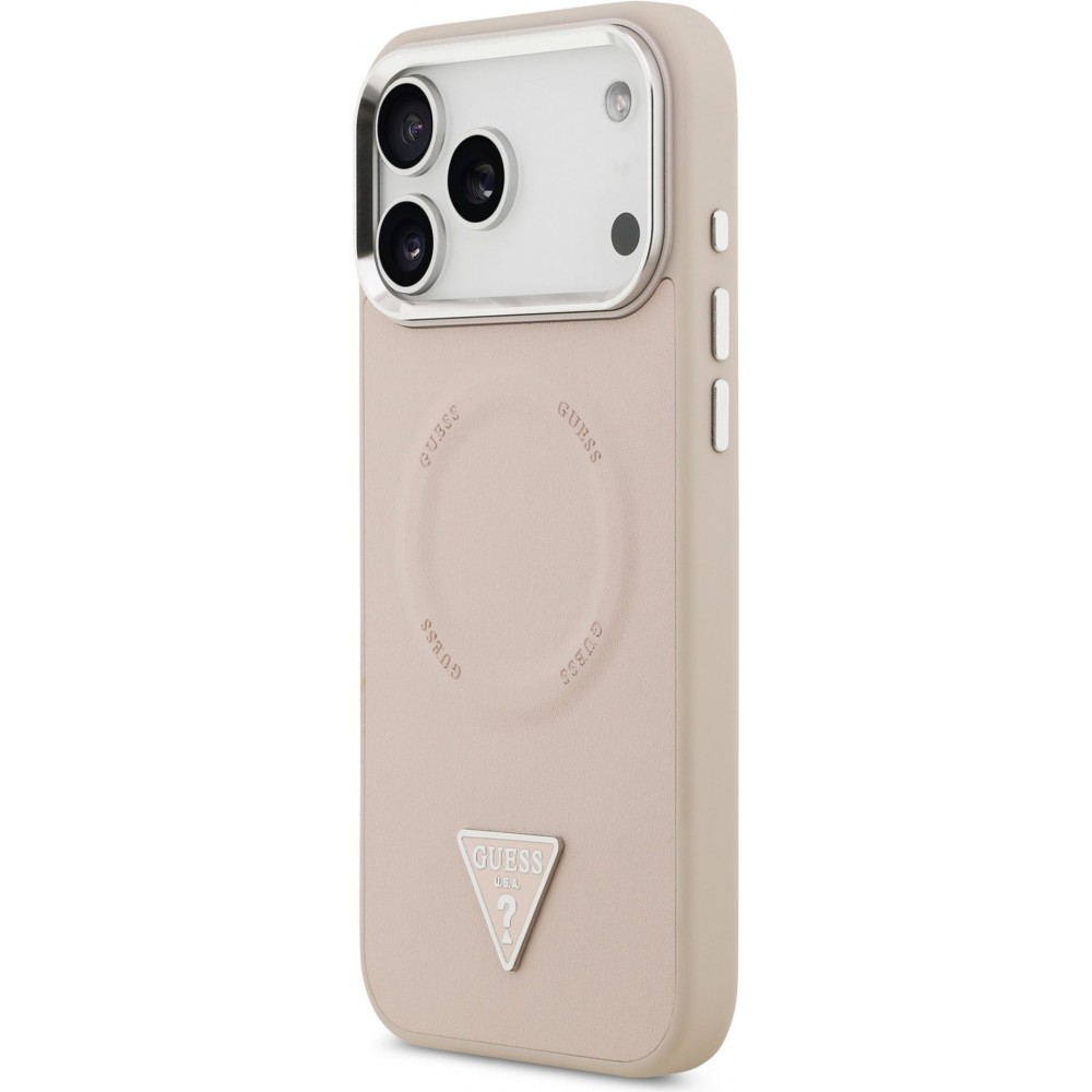 iPhone 17 Pro Max Case Hülle - Guess MagSafe PU-Leder mit Triangel-Logo und silbernem Kamerarahmen - Rosa