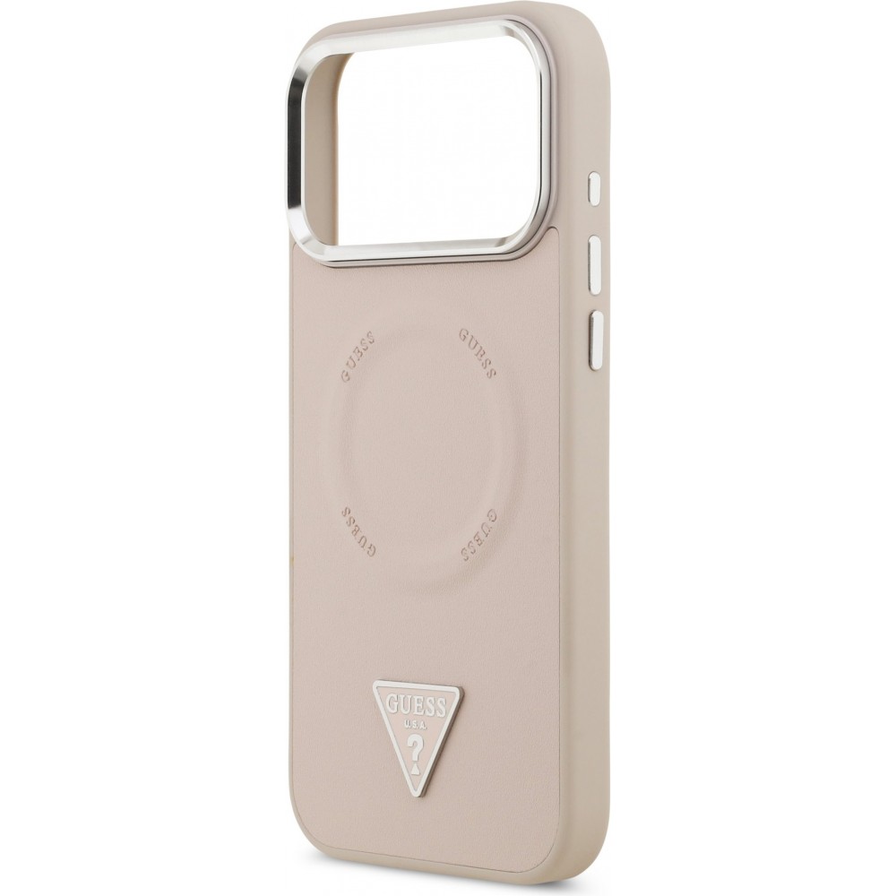 iPhone 17 Pro Max Case Hülle - Guess MagSafe PU-Leder mit Triangel-Logo und silbernem Kamerarahmen - Rosa
