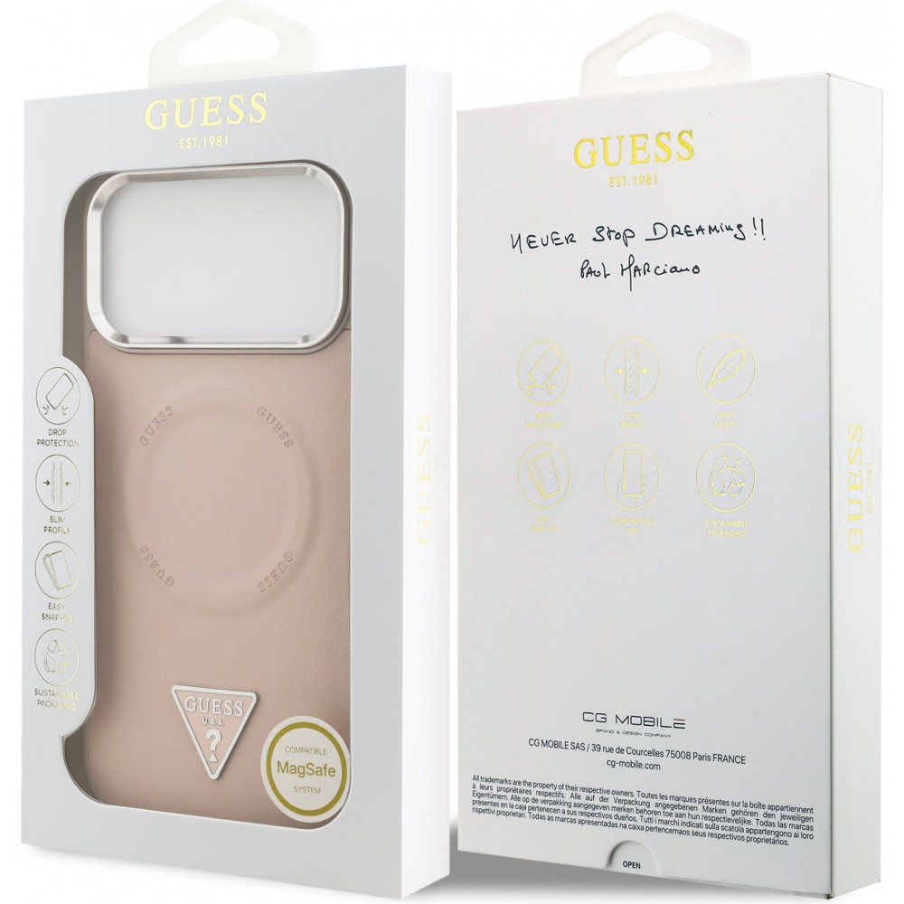 iPhone 17 Pro Max Case Hülle - Guess MagSafe PU-Leder mit Triangel-Logo und silbernem Kamerarahmen - Rosa