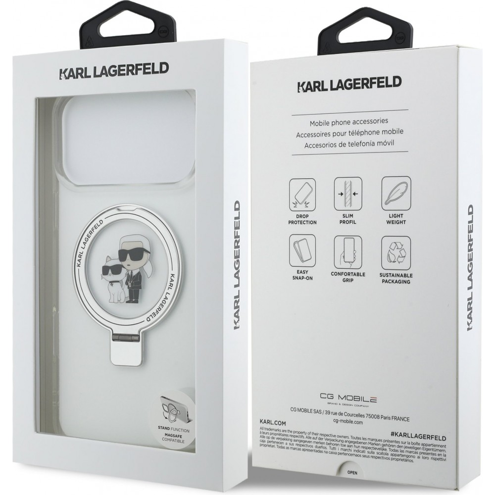 iPhone 17 Pro Max Case Hülle - Karl Lagerfeld Choupette MagSafe Ringstand mit Halterung - Weiß