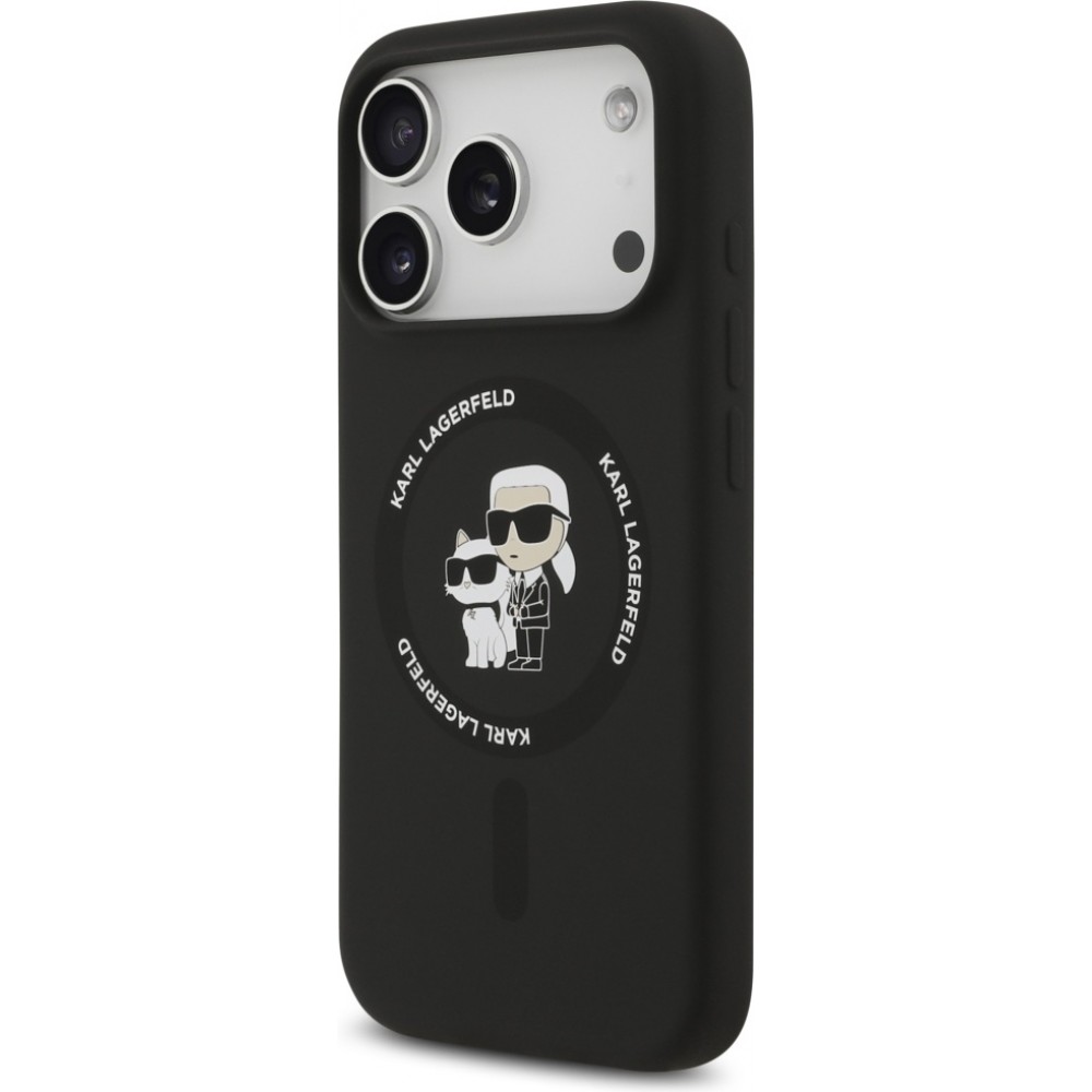 iPhone 17 Pro Max Case H&uuml;lle - Karl Lagerfeld Silikonh&uuml;lle mit Karl und Choupette Design MagSafe-kompatibel - Schwarz