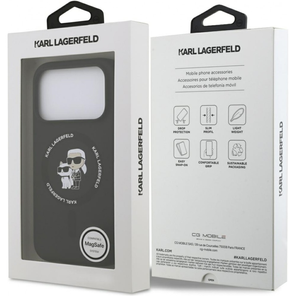 iPhone 17 Pro Max Case H&uuml;lle - Karl Lagerfeld Silikonh&uuml;lle mit Karl und Choupette Design MagSafe-kompatibel - Schwarz