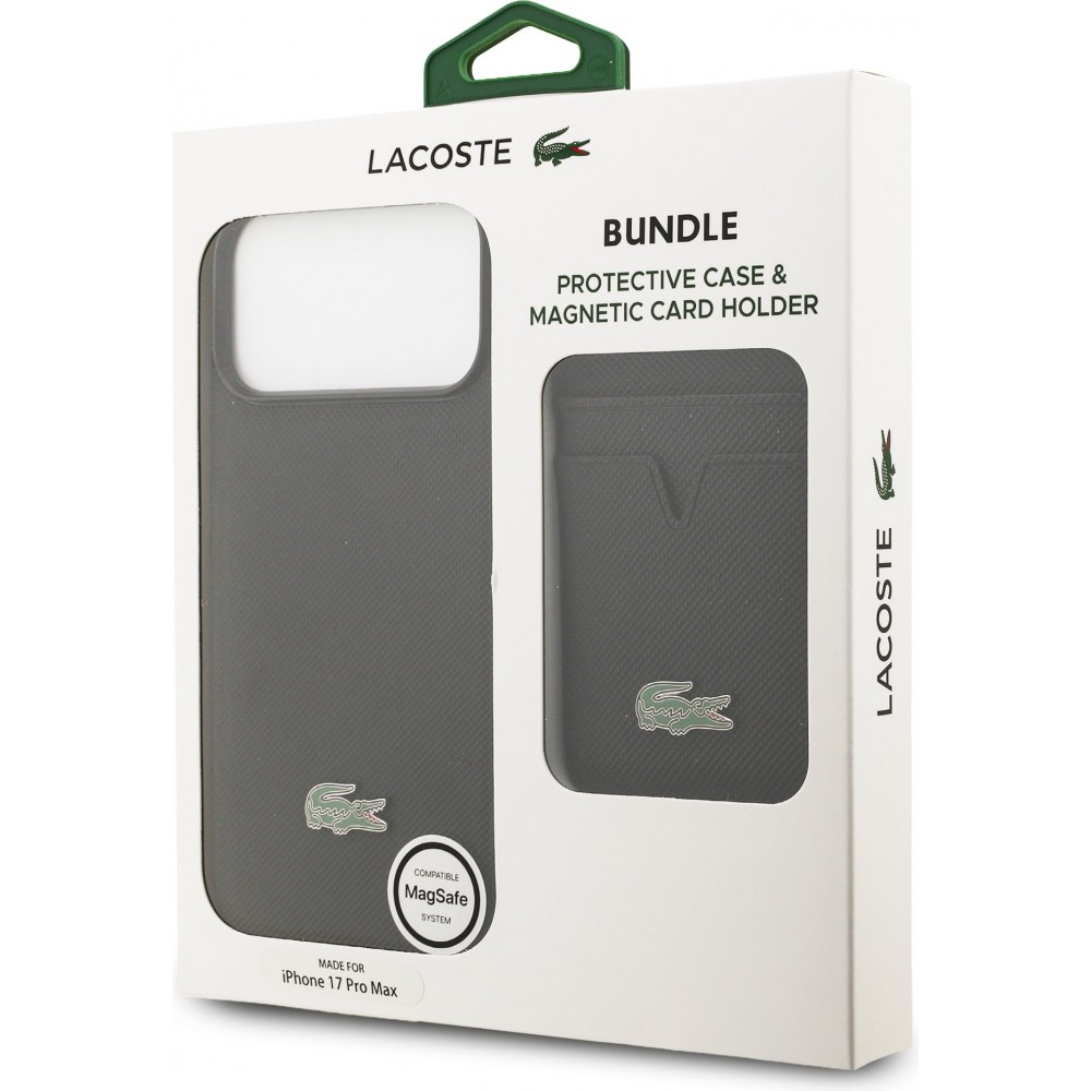Coque iPhone 17 Pro Max - Lacoste Iconic Petit Pique MagSafe avec portefeuille magn&eacute;tique - Noir