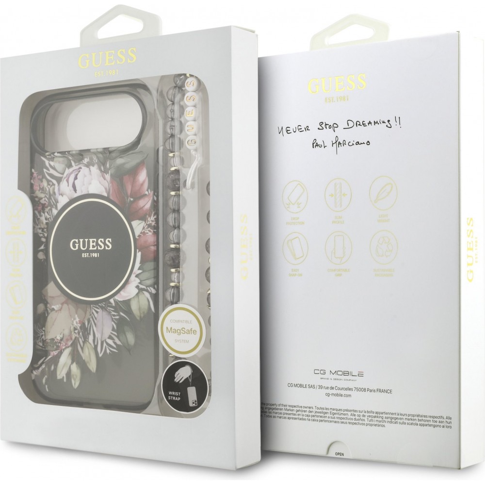 iPhone Air Case Hülle - Guess IML Blumen mit Handgelenk-Kette, kompatibel mit MagSafe elegante und trendige Schutzhülle - Schwarz