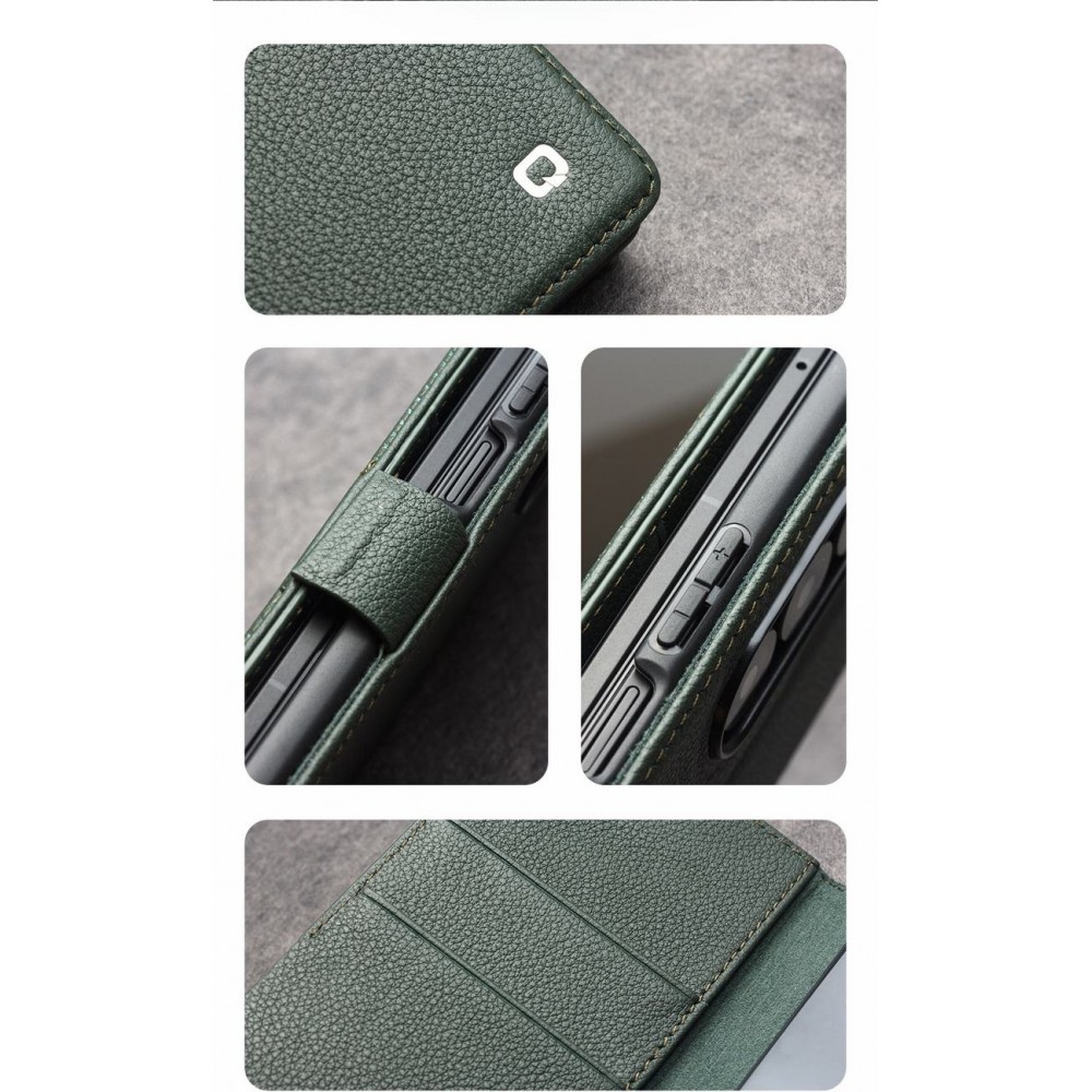Galaxy Z Fold7 Case Hülle - Flip Qialino Full Grain Wallet Echtleder matt mit Magnetverschluss - Grün