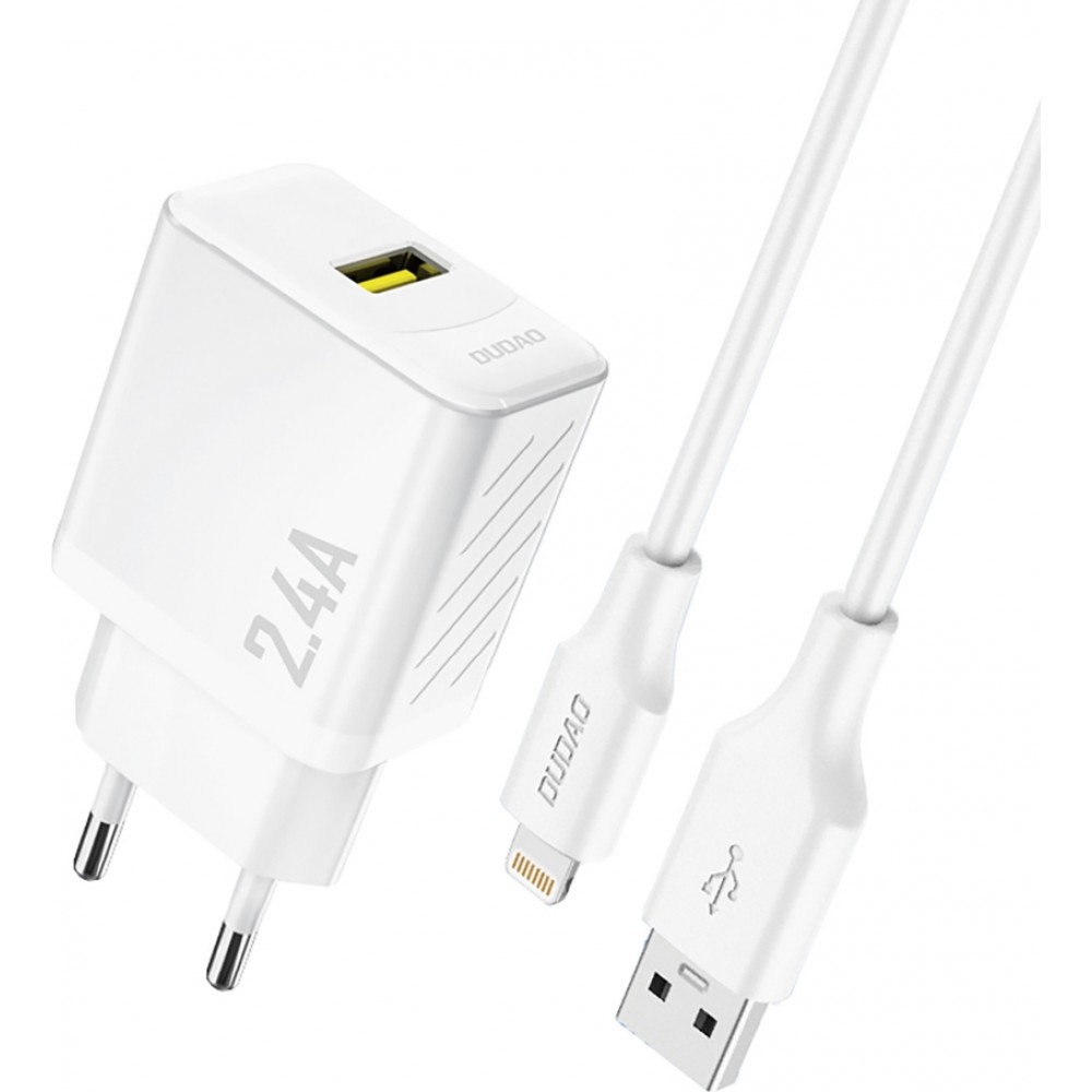 Dudao A23L 2.4A chargeur mural USB-A GaN avec c&acirc;ble USB-A vers Lightning - Blanc