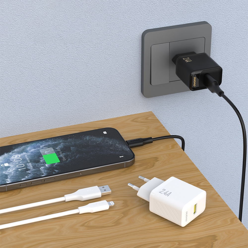 Dudao A23L 2.4A chargeur mural USB-A GaN avec c&acirc;ble USB-A vers Lightning - Blanc
