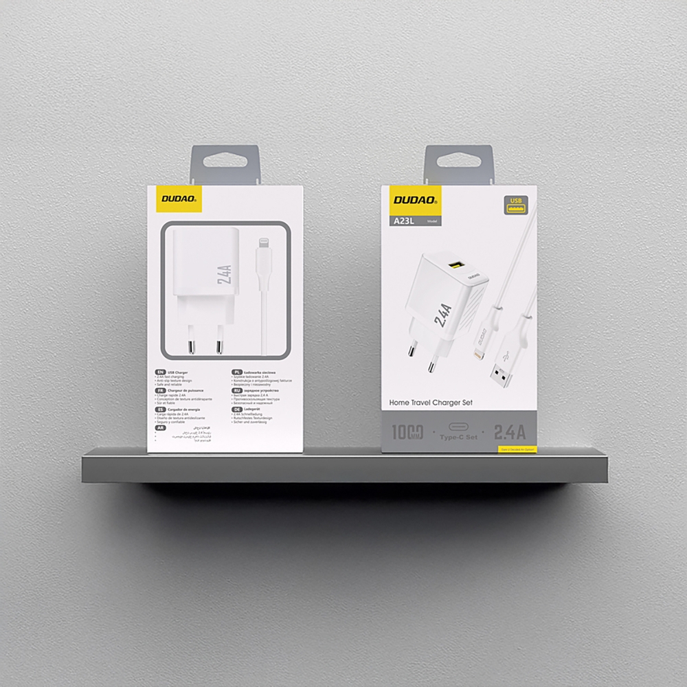Dudao A23L 2.4A chargeur mural USB-A GaN avec c&acirc;ble USB-A vers Lightning - Blanc