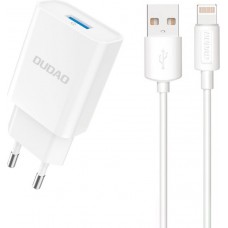 Dudao A4EUL chargeur mural USB-A 2.1A avec c&acirc;ble Lightning pour iPhone et appareils compatibles - Blanc