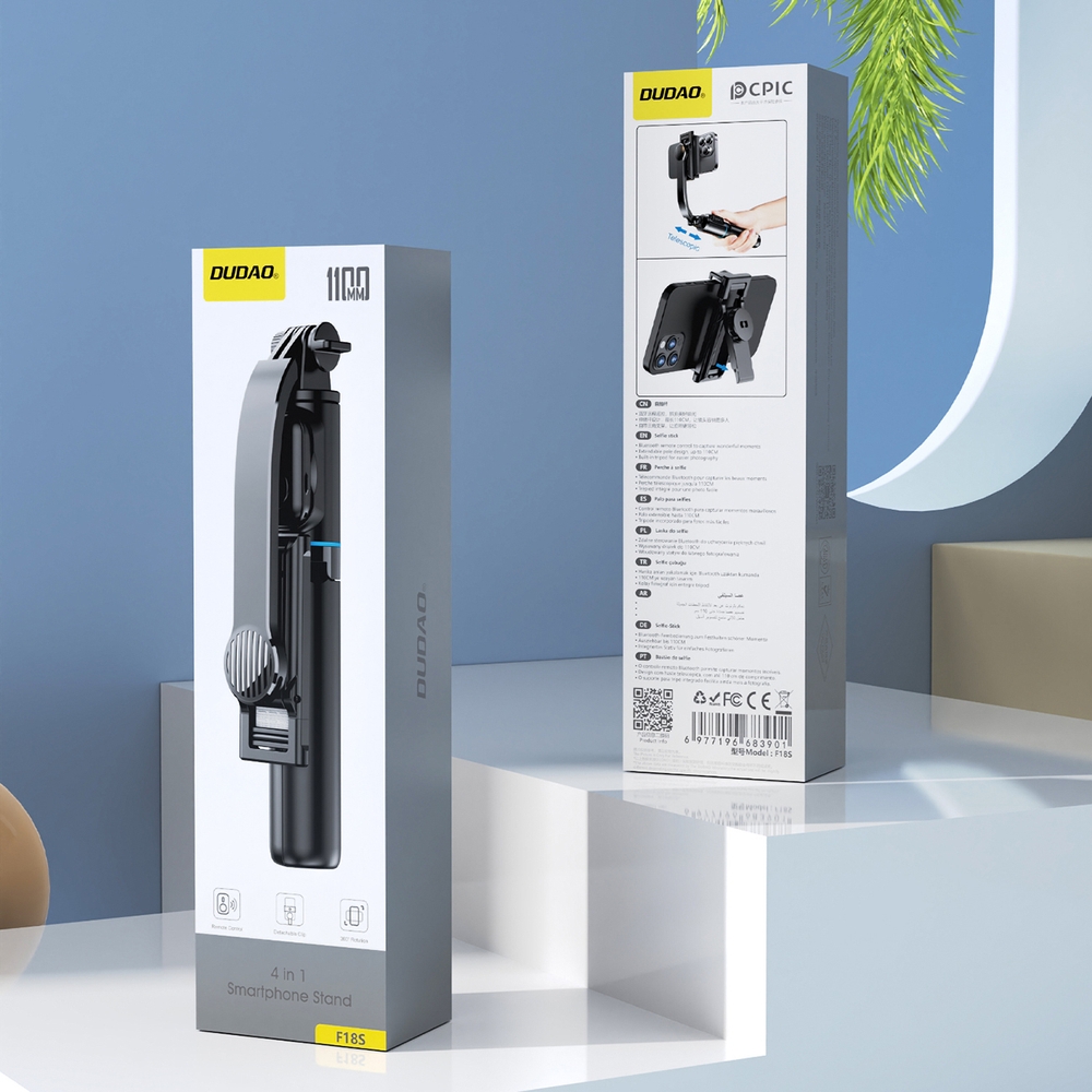 Dudao F18S 4-en-1 b&acirc;ton &agrave; selfie tr&eacute;pied pliable avec t&eacute;l&eacute;commande - Noir