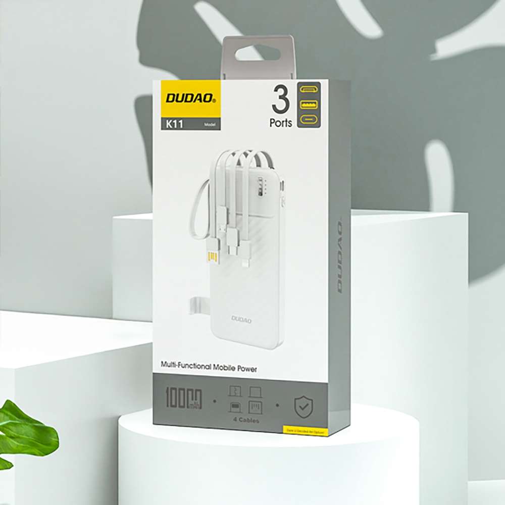 Dudao K11 batterie externe 10000mAh avec câbles intégrés Powerbank portable - Blanc