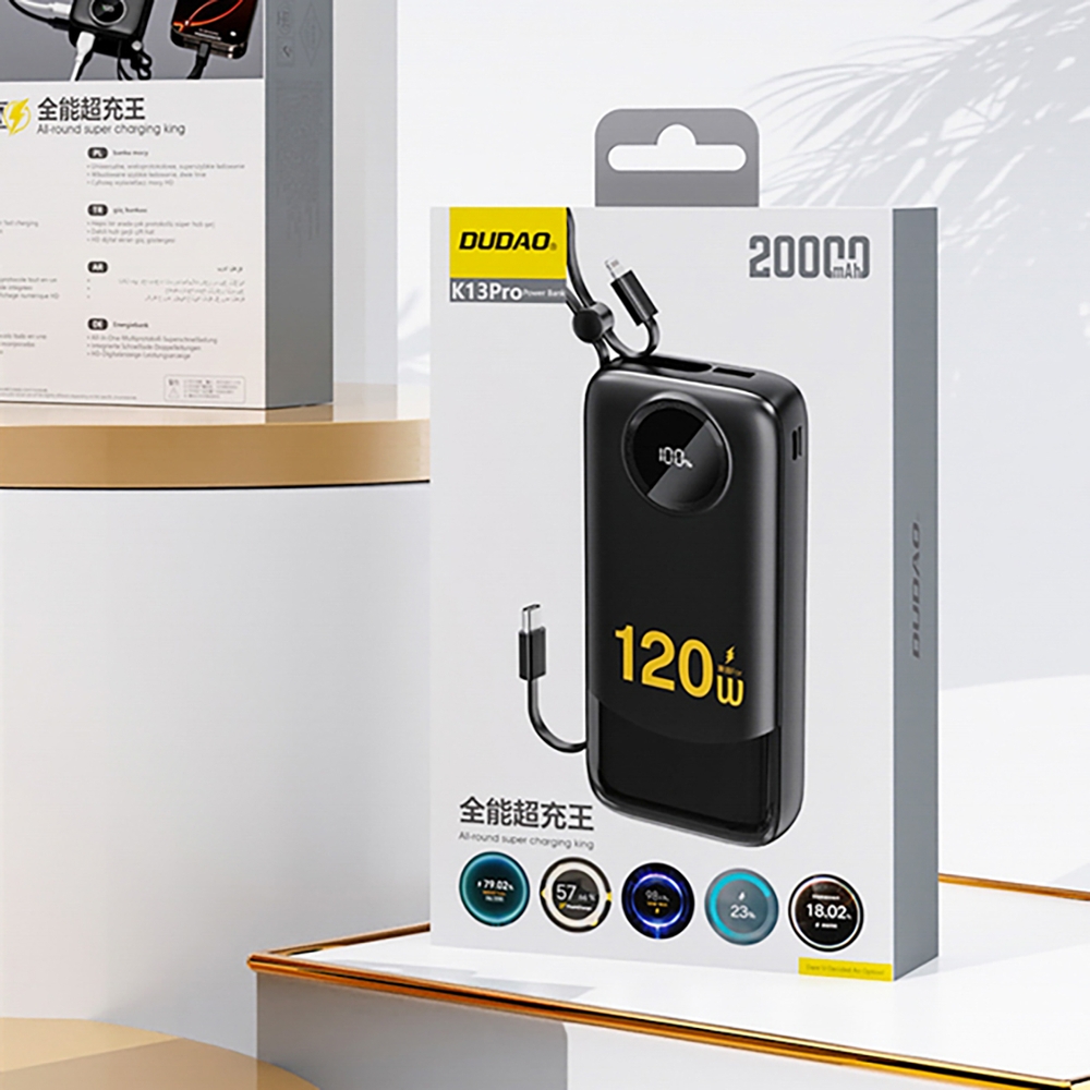 Dudao K13Pro Powerbank 20000mAh mit integrierten Kabeln Tragbare externe Batterie - Schwarz